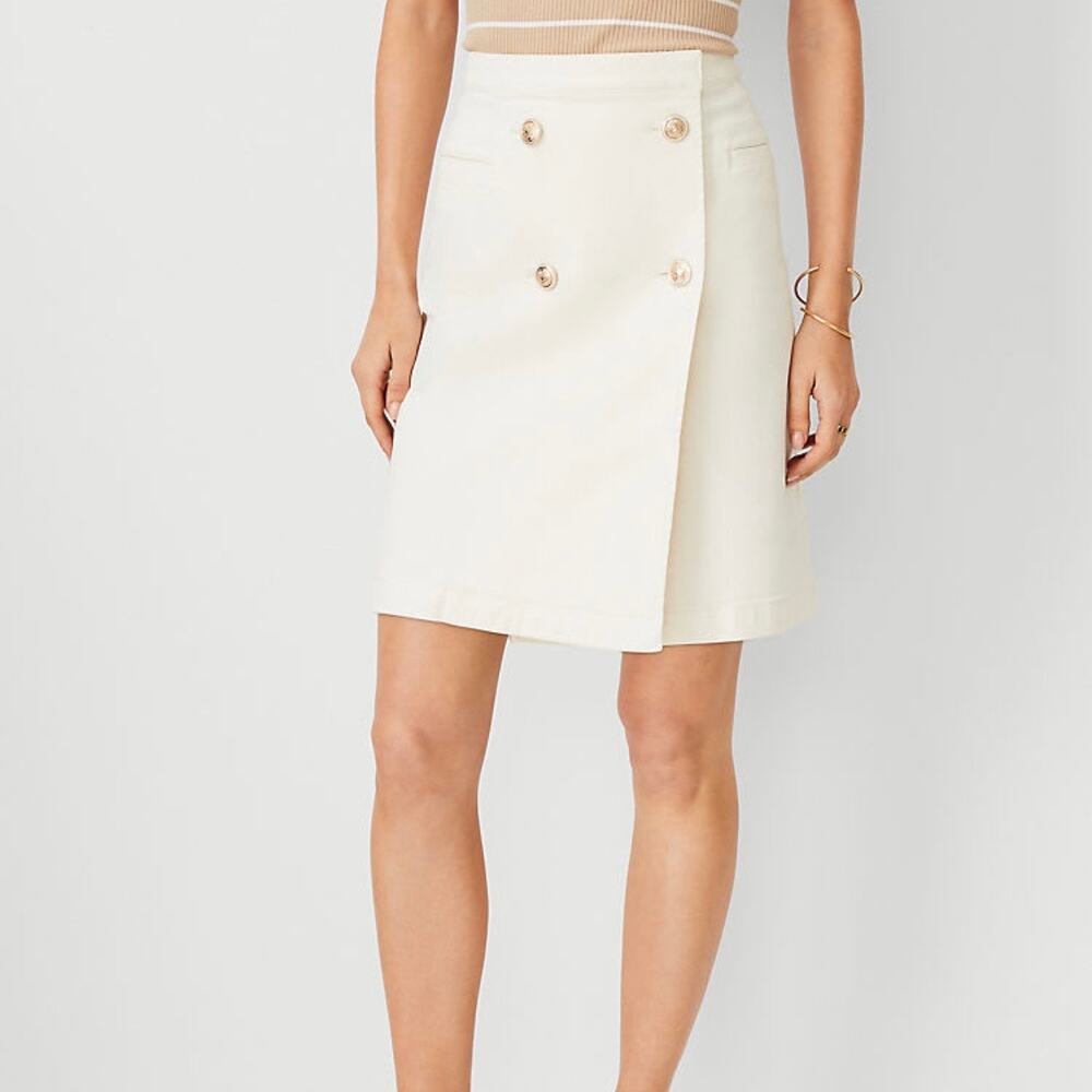 Ann Taylor Weekend Mariner Double Button Sailor Denim Skirt Women's 6 Ivory